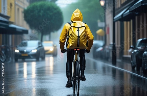 Delivery man in yellow flowers on a bicycle delivers groceries on a rainy day, concept for delivery and online orders © Krystsina
