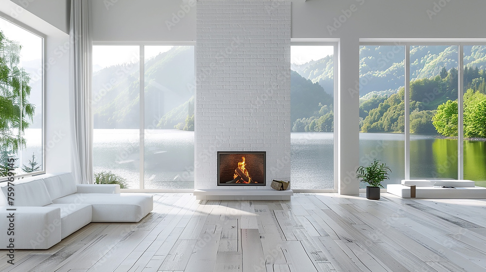 White 3D interior room with fireplace and lake view - obrazy, fototapety, plakaty 
