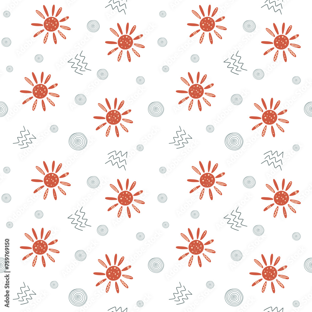 Cute simple pattern with nursery doodle elements. Seamless background with red sun. Cute simple pattern with nursery doodle elements. Seamless background with red sun.