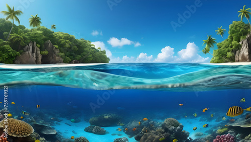 Tropical island with white sandy beaches and a diverse coral reef ecosystem, divided by the waterline. 