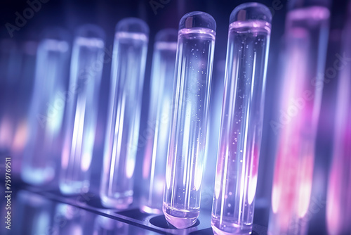 a row of test tubes illuminated by purple and pink lights, filled with a clear liquid, creating a scientific, mystical atmosphere
