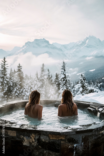 Two women in a hot tub overlooking snowy mountains, surrounded by snow-covered trees under a clear sky
