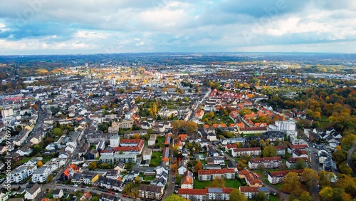 Aerial view of the downtown Leverkusen in Germany on a sunny noon in autumn 
