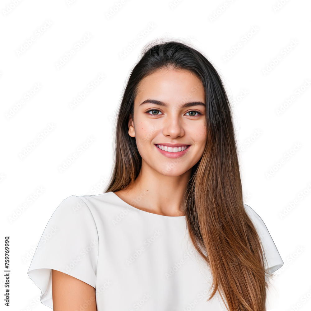 Closeup photo of beautiful smiling caucasian woman with long hair looking at camera. Headshot isolated on a transparent background Closeup photo of beautiful smiling caucasian woman with long hair looking at camera. Headshot isolated on a transparent background