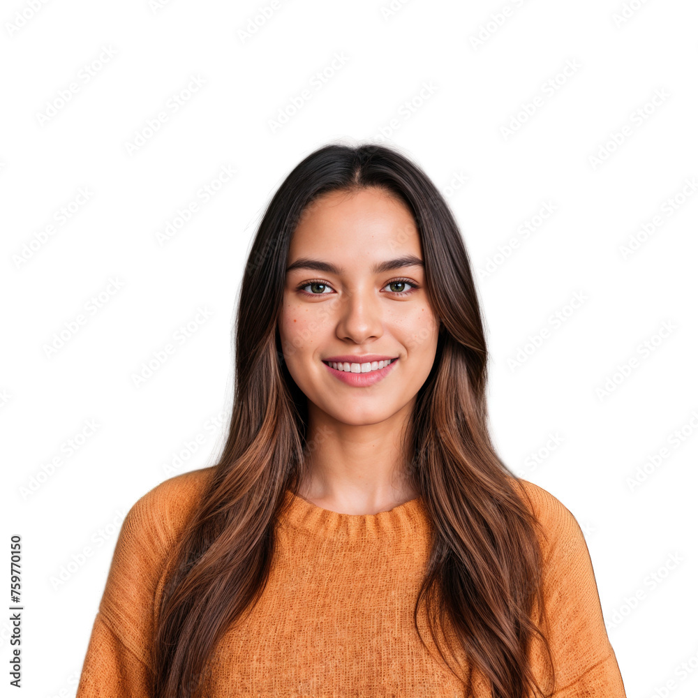 Closeup photo of beautiful smiling caucasian woman with long hair looking at camera. Headshot isolated on a transparent background Closeup photo of beautiful smiling caucasian woman with long hair looking at camera. Headshot isolated on a transparent background