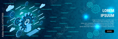 Digital technology banner vector design template. Data processing, information computing 3d isometric concept