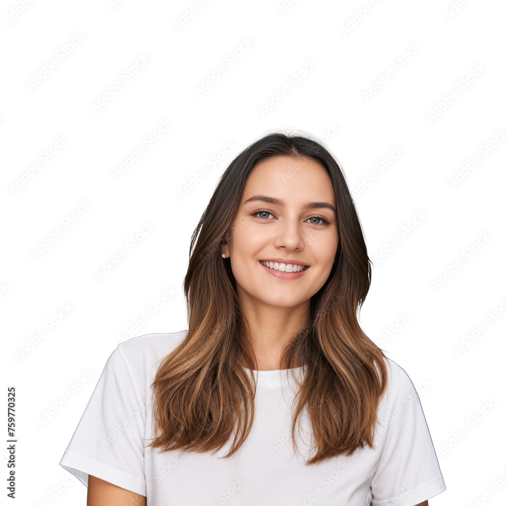 Closeup photo of beautiful smiling caucasian woman with long hair looking at camera. Headshot isolated on a transparent background Closeup photo of beautiful smiling caucasian woman with long hair looking at camera. Headshot isolated on a transparent background