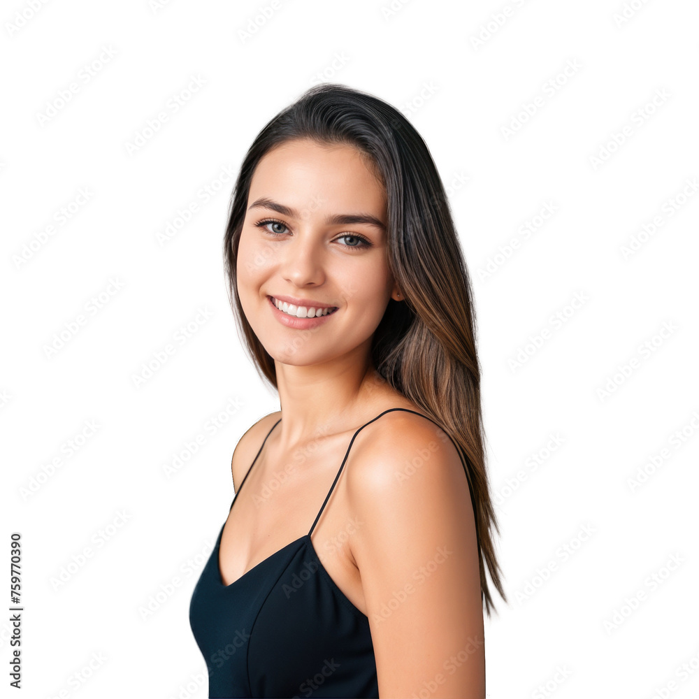 Closeup photo of beautiful smiling caucasian woman with long hair looking at camera. Headshot isolated on a transparent background Closeup photo of beautiful smiling caucasian woman with long hair looking at camera. Headshot isolated on a transparent background
