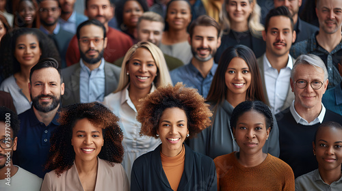 Multi ethnic people of different age looking at camera. Large group of multiracial business people posing and smiling.