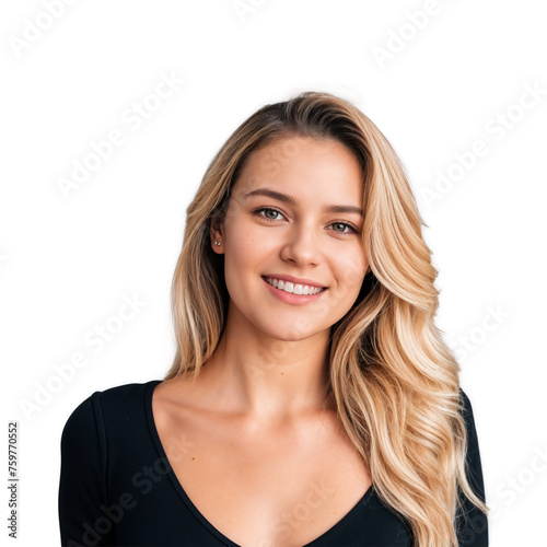 Closeup photo of beautiful smiling caucasian woman with long hair looking at camera. Headshot isolated on a transparent background