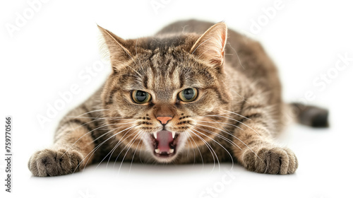 Angry cat hissing with wide eyes.