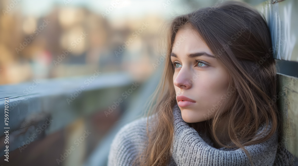 Woman lost in thought looking over bridge. Woman lost in thought looking over bridge.