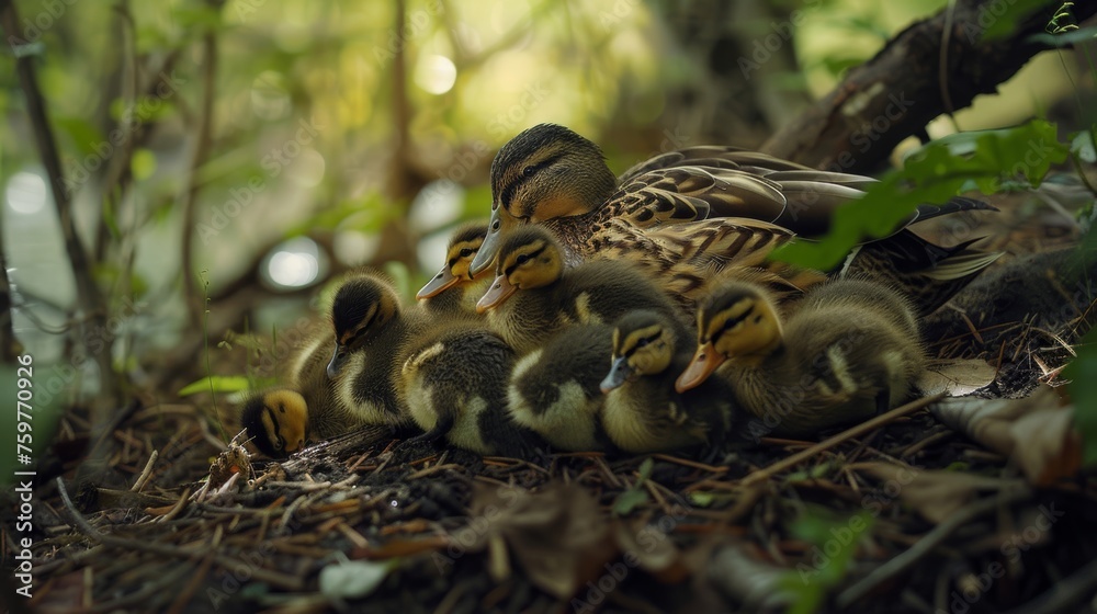 Wide angle shot of yellow ducklings sleeping in their mother's arms in the forest.