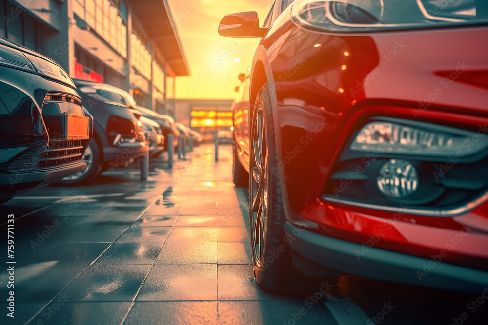 car parked in the parking lot during the evening with a sunset background