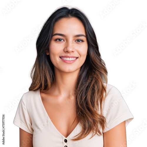 Closeup photo of beautiful smiling caucasian woman with long hair looking at camera. Headshot isolated on a transparent background