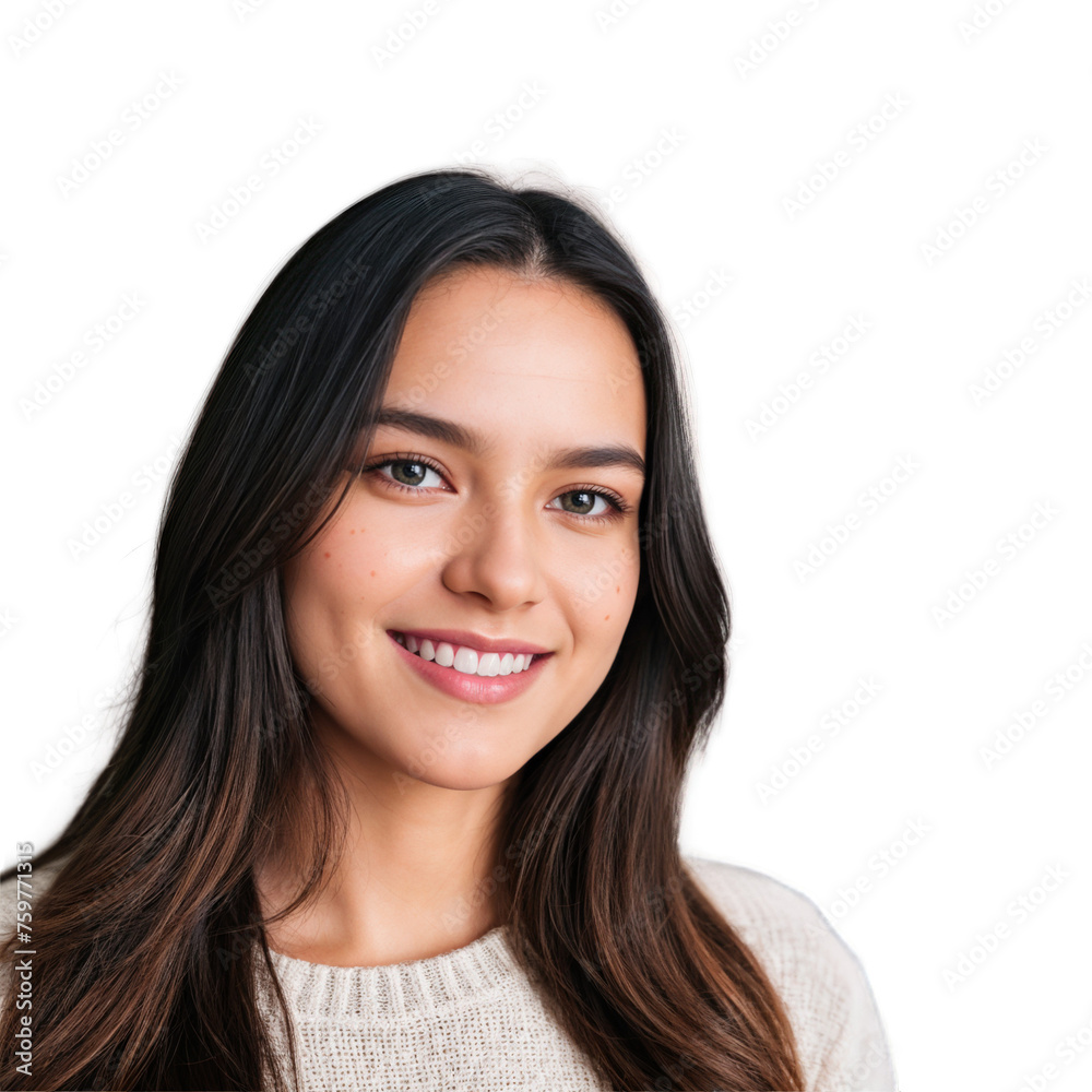 Closeup photo of beautiful smiling caucasian woman with long hair looking at camera. Headshot isolated on a transparent background Closeup photo of beautiful smiling caucasian woman with long hair looking at camera. Headshot isolated on a transparent background