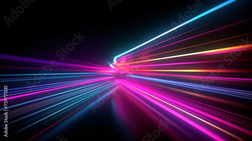 Blue pink and purple neon glow laser beam light lines moving fast,digital, high speed internet, cyberpunk, techonogy backdrop. futuristic abstract background. photo