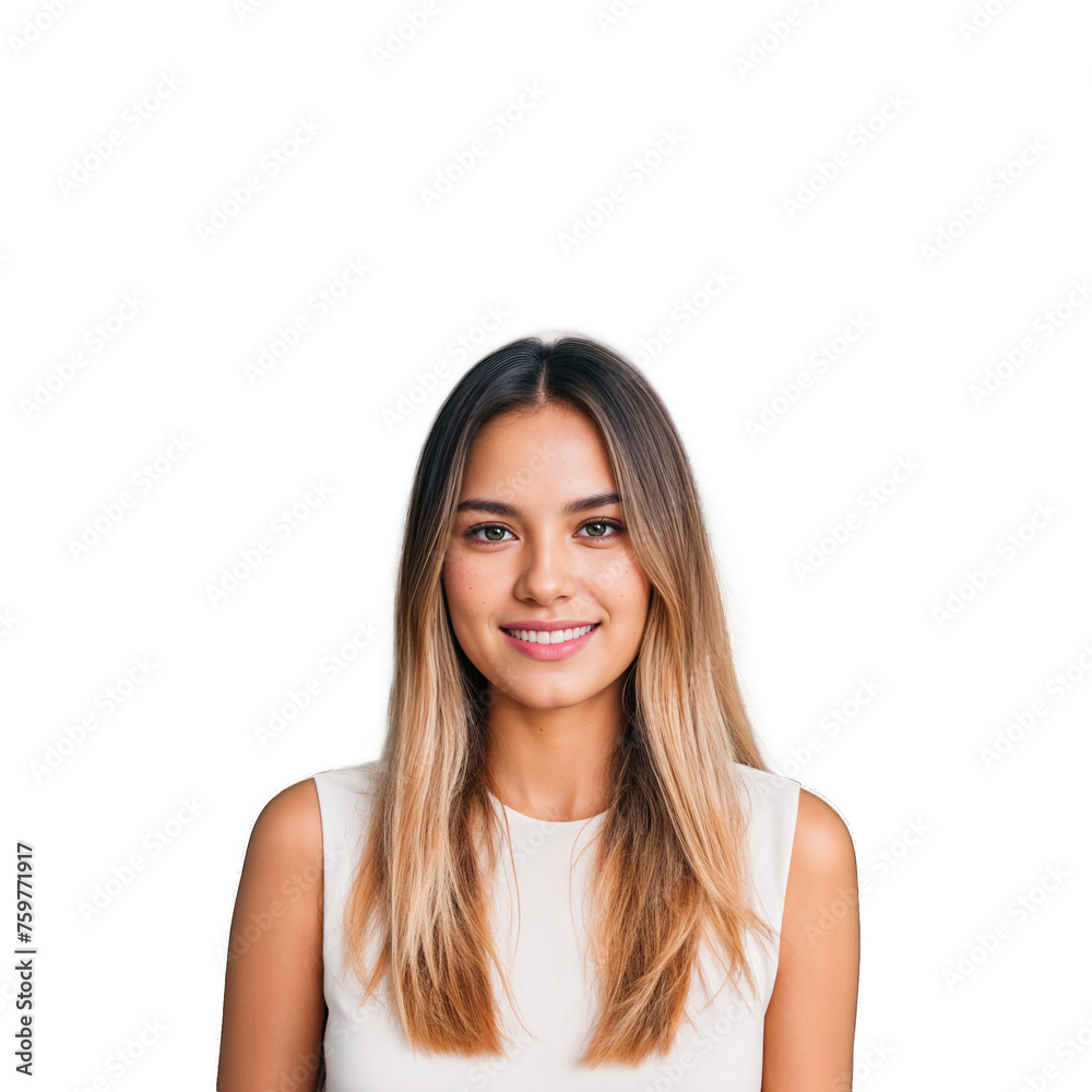 Closeup photo of beautiful smiling caucasian woman with long hair looking at camera. Headshot isolated on a transparent background Closeup photo of beautiful smiling caucasian woman with long hair looking at camera. Headshot isolated on a transparent background