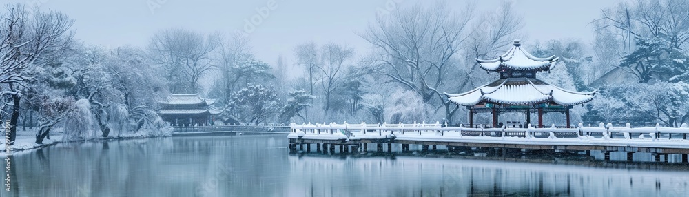 Snow-covered ancient pavilion, a serene Chinese winter landscape low noise,