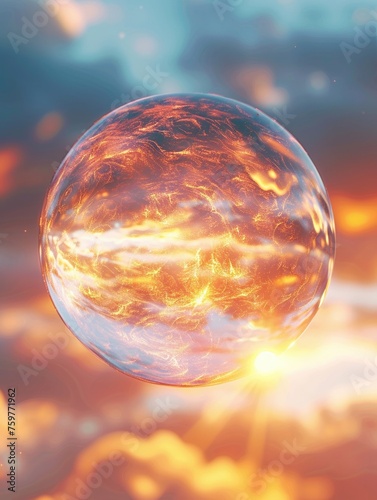 Enchanted Orb, Glowing, Dynamic orb hovering and shifting colors in line with room energy 3D render, Golden Hour, Lens Flare