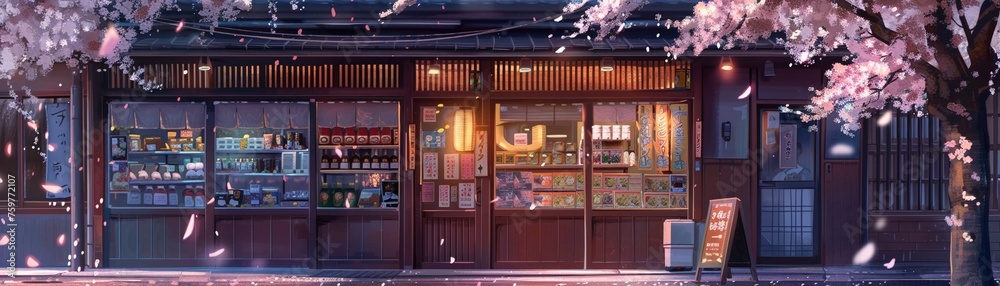 Japanese storefront in spring, cherry blossoms gently falling low noise,