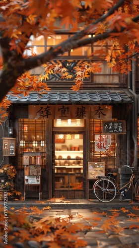 Autumnal hues, a cozy Japanese storefront framed by maple leaves hyper realistic.