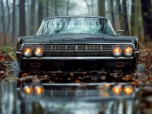 A custom black, low riding carwith its headlights on parked in the woods on a rainy day, reflections of leaves and water puddles under it in a symmetrical composition. The scene has a moody, cinematic photo