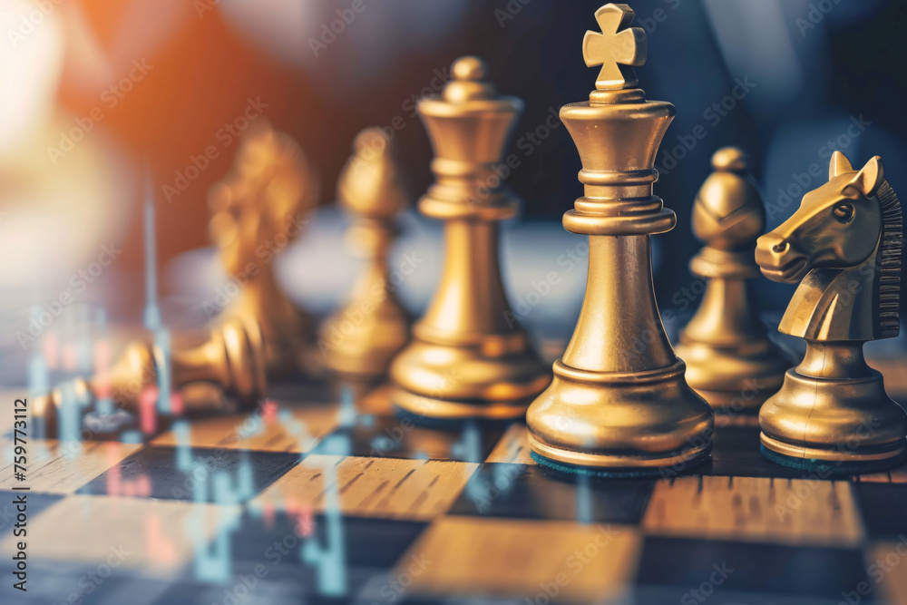 Golden chess pieces on a board, highlighting strategic planning, leadership, and competition in a game of chess. - obrazy, fototapety, plakaty 