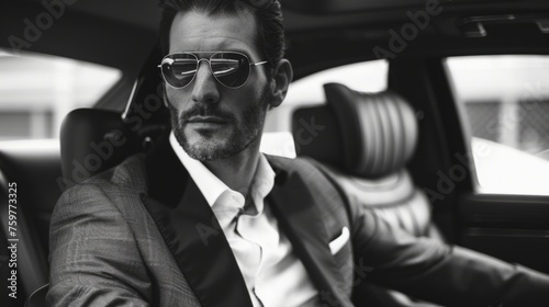 A man in a suit with sunglasses in the back seat of a car, in the style of a meticulous design. The concept of a successful and successful businessman, © Sanja