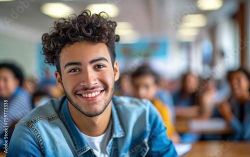 Close up portrait of smiling teen man student in classroom. Selective focus. © AI Studio