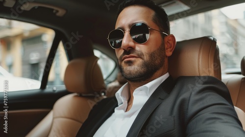 A man in a suit with sunglasses in the back seat of a car, in the style of a meticulous design. The concept of a successful and successful businessman, © Sanja