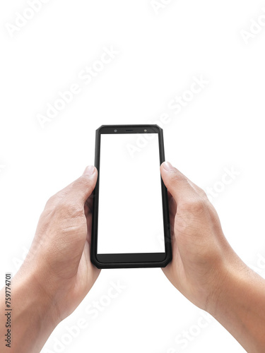 Man's hand holding big screen smart phone, transparent background