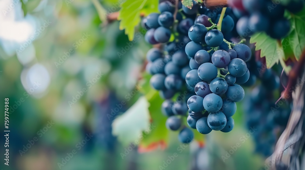 Generative AI : Bunch of Black Wine grape over green natural vineyard garden background
