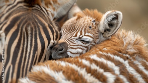 Wide angle shot of a baby zebra sleeping in its mother's arms in the forest.
