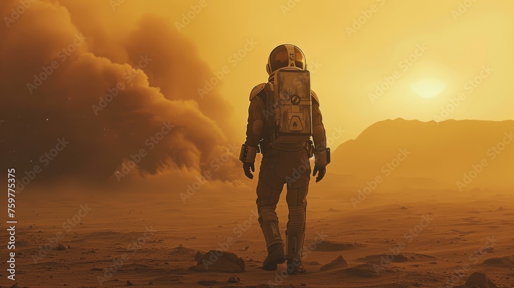 Astronaut Walking on Mars at Sunset