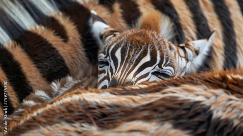 Wide angle shot of a baby zebra sleeping in its mother's arms in the forest.