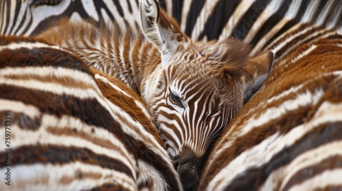 Wide angle shot of a baby zebra sleeping in its mother's arms in the forest.
