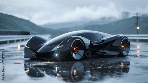 Sleek Black Futuristic Concept Car on Wet Road © Atthasit