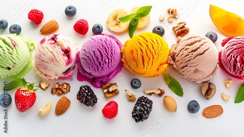 Generative AI : Set of ice cream scoops of different colors and flavours with berries isolated on white  photo