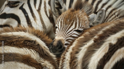 Wide angle shot of a baby zebra sleeping in its mother's arms in the forest.