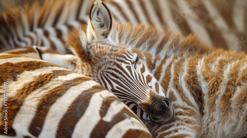 Wide angle shot of a baby zebra sleeping in its mother's arms in the forest.