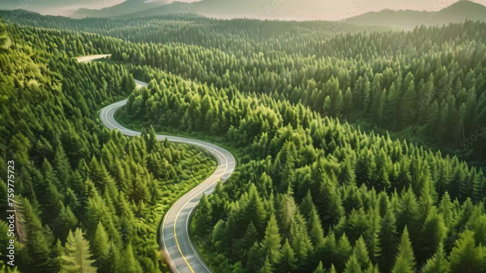 Aerial view of winding road through coniferous forest in summer, Summer Pine Forest and Winding Curvy Road. Top Down Birds Eye View, AI Generated