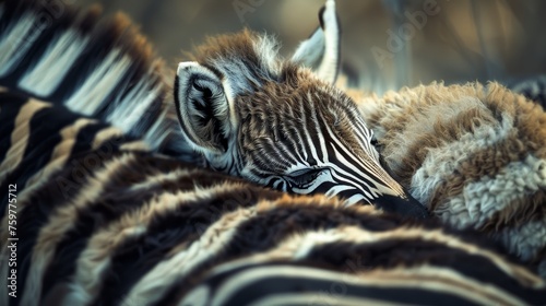 Wide angle shot of a baby zebra sleeping in its mother's arms in the forest.