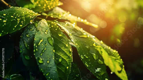Generative AI : A beautiful fresh green leaf covered with raindrops and highlighted by the sun. 