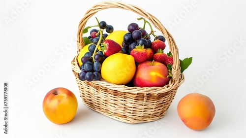 Generative AI   Fresh summer fruit set in a wooden basket on a white background