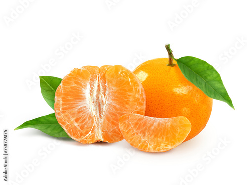 tangerine or mandarin fruit with leaves, transparent background