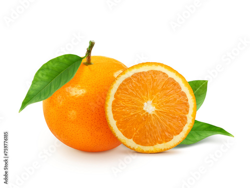tangerine or mandarin fruit with leaves, transparent background