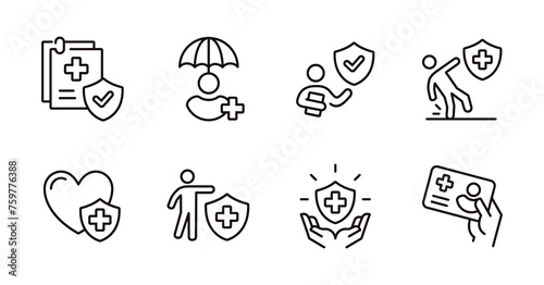health care life insurance icon set people safety shield assurance vector with medicals cross sign illustration for web and app