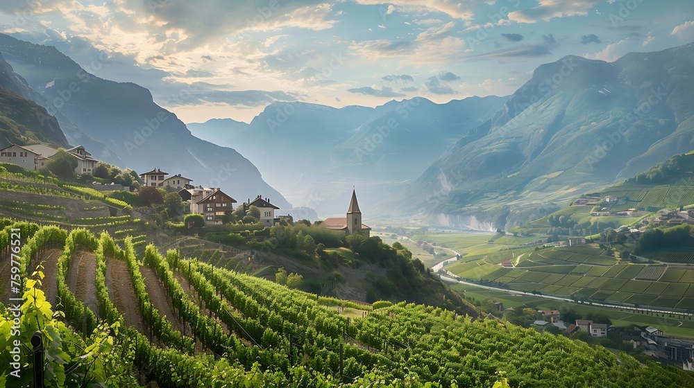 Fototapeta premium Generative AI : The picturesque landscape with vineyards against mountains.