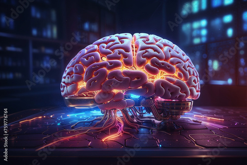 The brain is connected to a large computer through many wires. Illustration about the human brain and computer.
